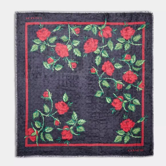 🌹 Coach Signature Fairytale Rose Print Oversized Square Scarf - Picture 2 of 5